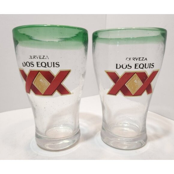 Set of 2 Dos Equis XX Cerveza 14 oz. Beer Glasses Green Rim Controlled Bubbles - Picture 1 of 16